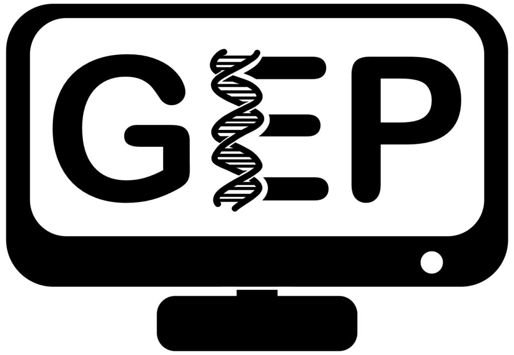 Genomics Education Partnership logo of a desktop computer screen with GEP on the screen an a DNA double helix as the vertical bar of the letter E